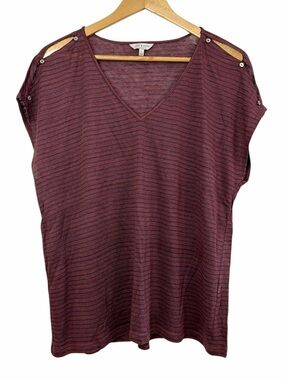 Lucky Brand Striped V-Neck Top Button Shoulder Boho Tee Size L